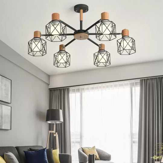 Modern Wood & Metal Chandelier for Villa and Restaurant - Wire Frame Hanging Light