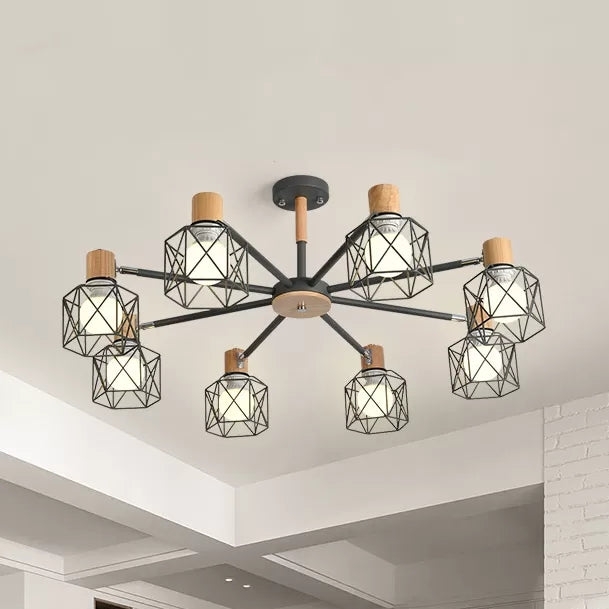 Modern Wood & Metal Chandelier for Villa and Restaurant - Wire Frame Hanging Light