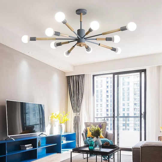 Sky Bang Kindergarten Chandelier - Wooden Nordic Hanging Light with Open Bulb