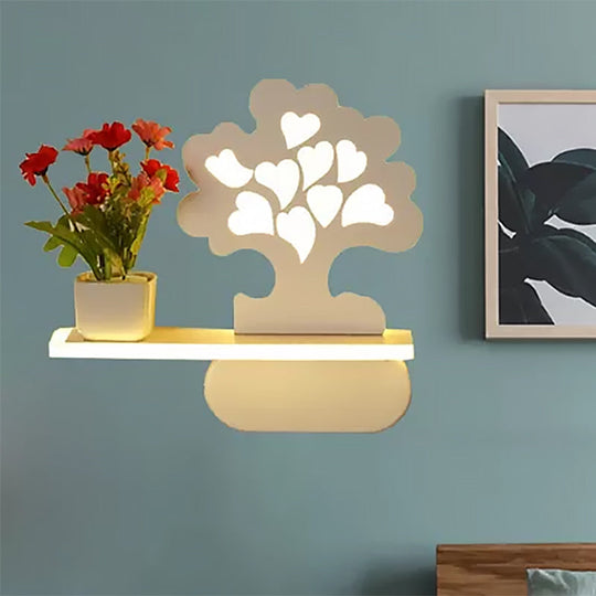 Modern Tree Wall Light with Acrylic Shelf - White, Ideal for Kids Bedroom
