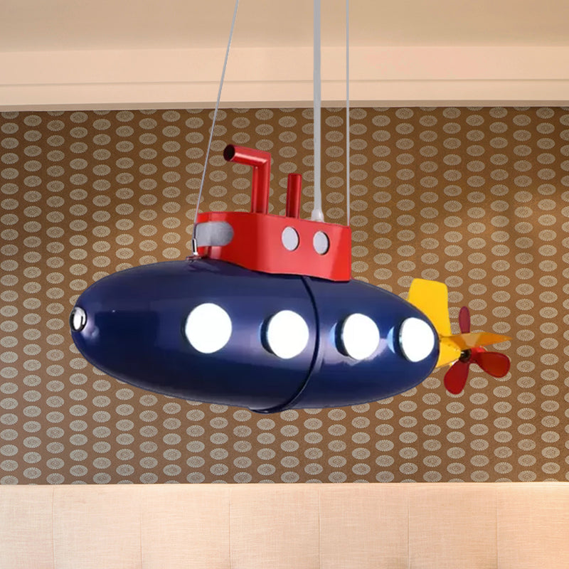 Blue Submarine Chandelier: Metal Hanging Light for Kids' Game Room or Kindergarten