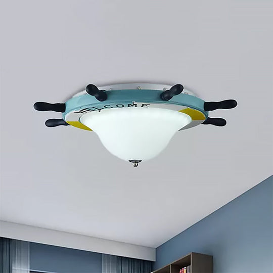 Seaside Metal Flush Ceiling Light: Steering Wheel Design, White Finish