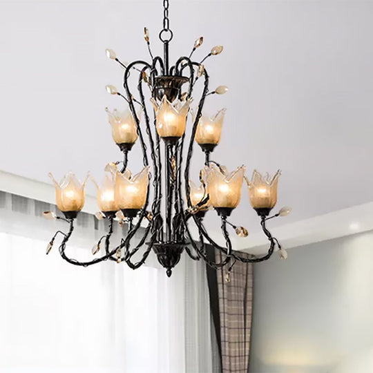 Country-inspired Amber Glass Flower Pendant Chandelier - Black, 9-Light Fixture for Dining Room