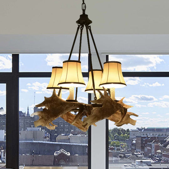 Rustic Resin Dining Room Chandelier - Tapered Design, 4 Lights, Beige Hanging Fixture with Fabric Shade