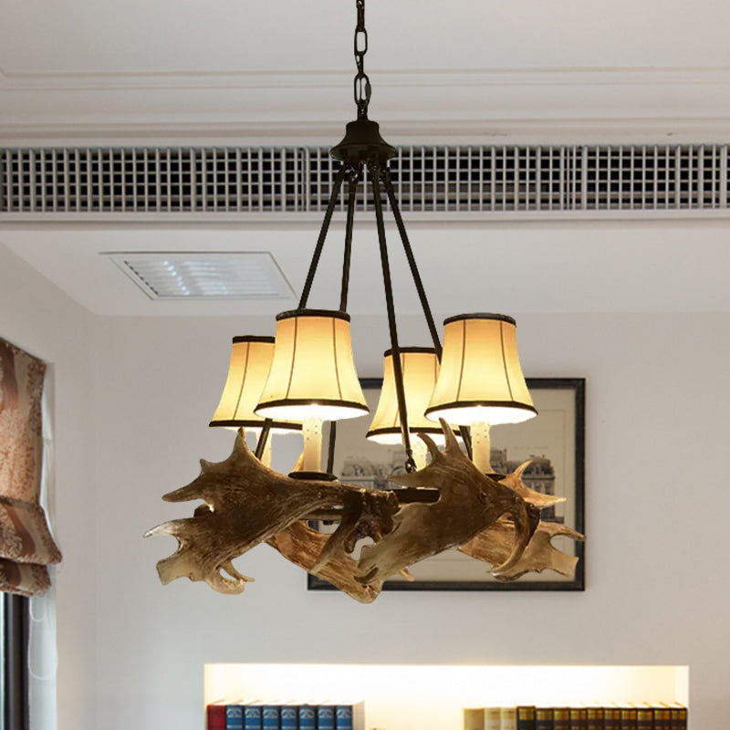 Rustic Resin Dining Room Chandelier - Tapered Design, 4 Lights, Beige Hanging Fixture with Fabric Shade