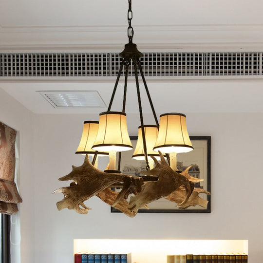 Rustic Resin Dining Room Chandelier - Tapered Design, 4 Lights, Beige Hanging Fixture with Fabric Shade