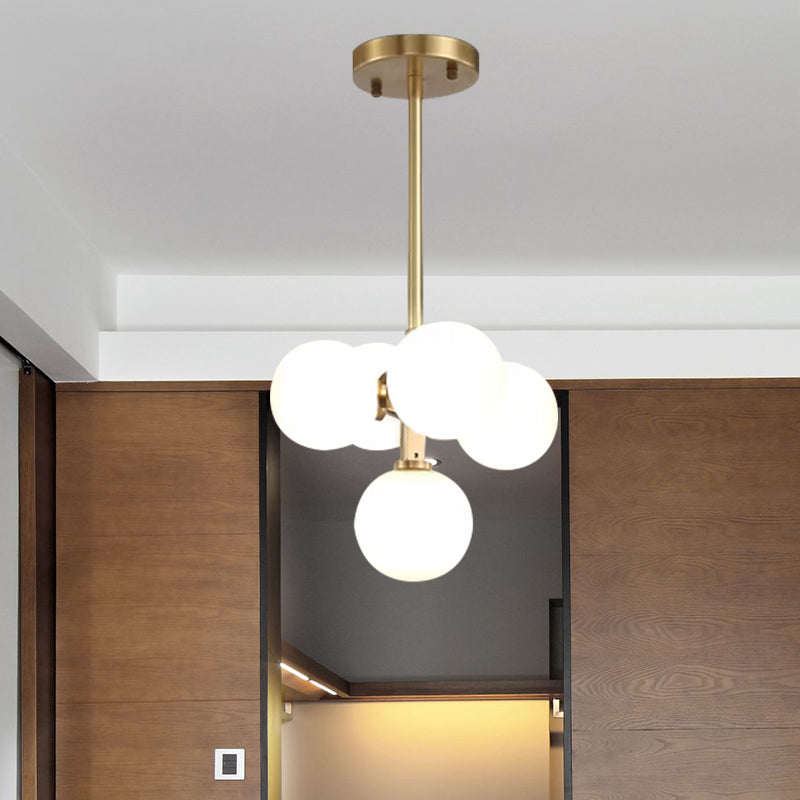 Modern Brass Round Hanging Chandelier with 5 White Frosted Glass LED Pendant Lights