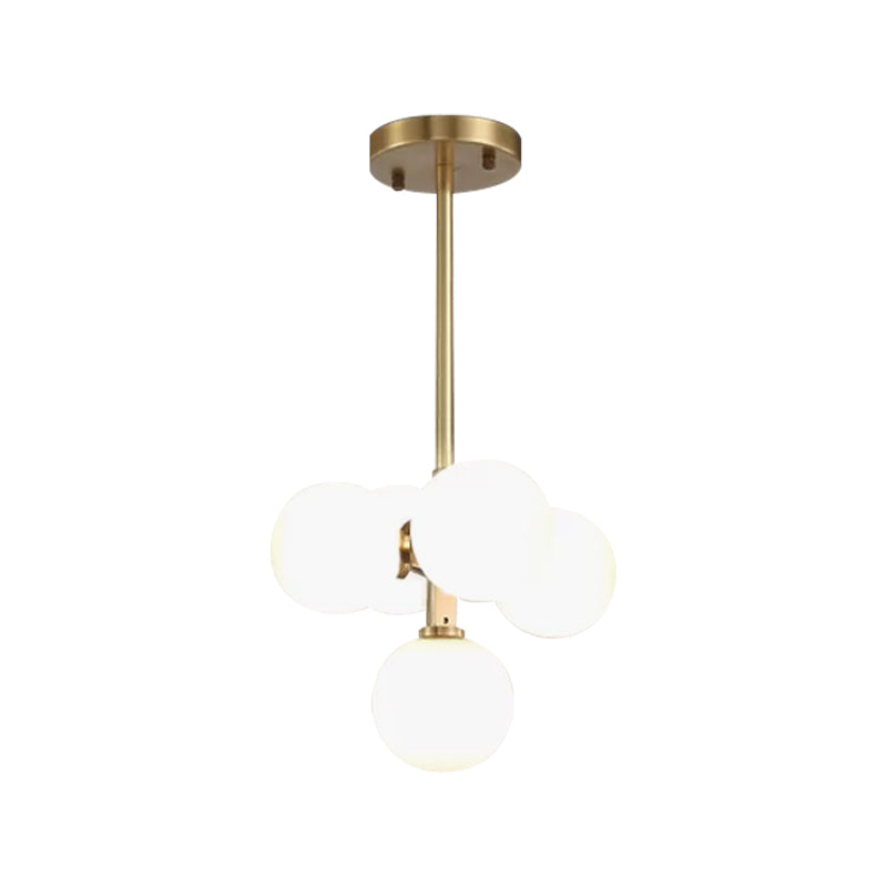 Modern Brass Round Hanging Chandelier with 5 White Frosted Glass LED Pendant Lights