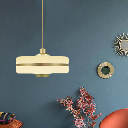 Postmodern White Glass Drum Pendant Light Fixture - 1 Light Bedroom Ceiling Hanging Light