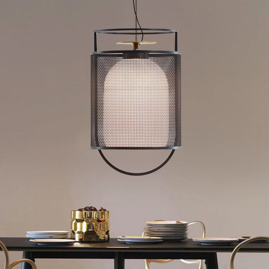 Modern Black Glass Shade Ceiling Light with Mesh Screen - Half Capsule Drop Pendant
