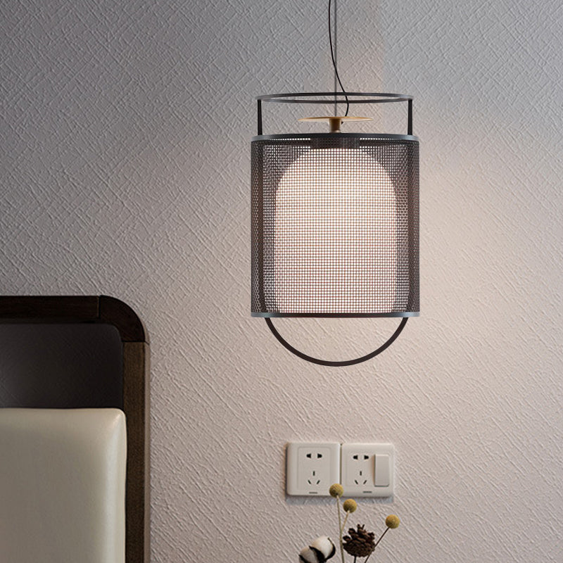 Modern Black Glass Shade Ceiling Light with Mesh Screen - Half Capsule Drop Pendant