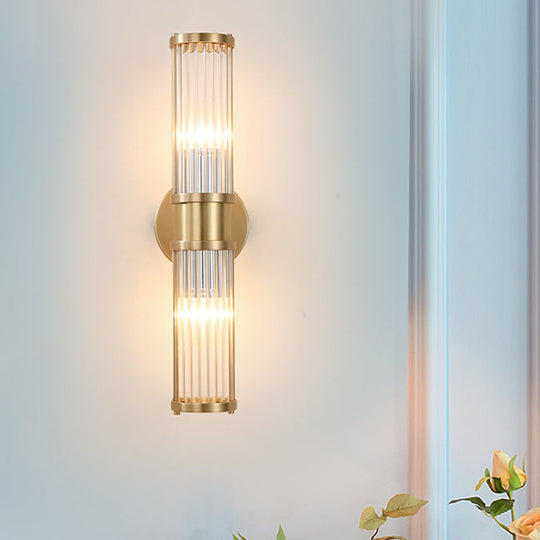 Golden Cylindrical Crystal Wall Sconce - Modernist 1/2-Light Corridor Fixture