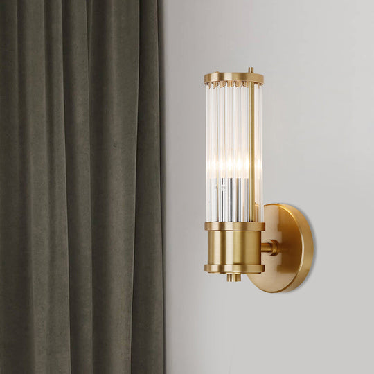 Golden Cylindrical Crystal Wall Sconce - Modernist 1/2-Light Corridor Fixture