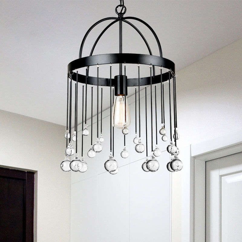 1 Light Hanging Pendant with Elegant Black Metal Finish and Clear Crystal Drops