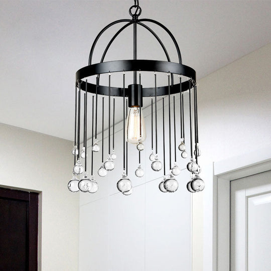 1 Light Hanging Pendant with Elegant Black Metal Finish and Clear Crystal Drops