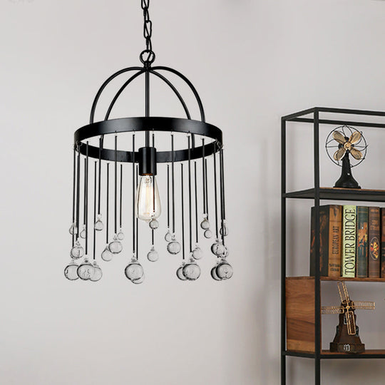 1 Light Hanging Pendant with Elegant Black Metal Finish and Clear Crystal Drops