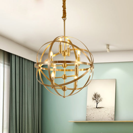 Gold Metal Chandelier with Globe Cage - Classic Pendant Lighting for Dining Room - 4/6/8 Lights