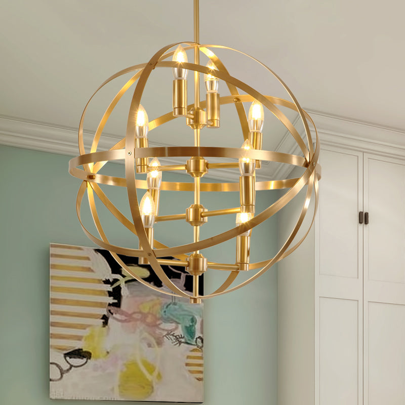 Gold Metal Chandelier with Globe Cage - Classic Pendant Lighting for Dining Room - 4/6/8 Lights