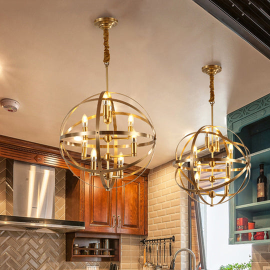 Gold Metal Chandelier with Globe Cage - Classic Pendant Lighting for Dining Room - 4/6/8 Lights