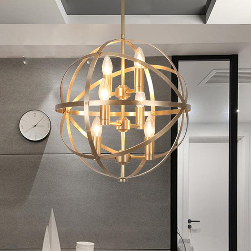 Gold Metal Chandelier with Globe Cage - Classic Pendant Lighting for Dining Room - 4/6/8 Lights