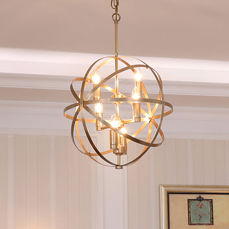 Gold Metal Chandelier with Globe Cage - Classic Pendant Lighting for Dining Room - 4/6/8 Lights