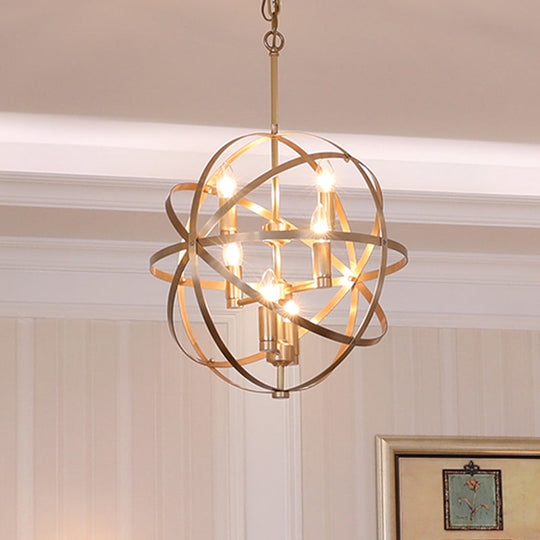 Gold Metal Chandelier with Globe Cage - Classic Pendant Lighting for Dining Room - 4/6/8 Lights