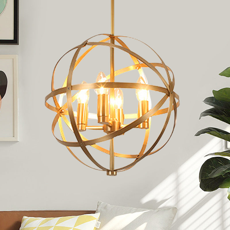 Gold Metal Chandelier with Globe Cage - Classic Pendant Lighting for Dining Room - 4/6/8 Lights
