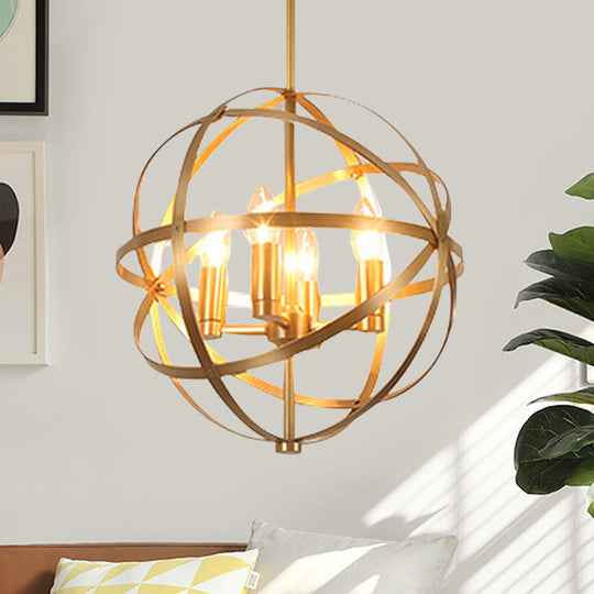 Gold Metal Chandelier with Globe Cage - Classic Pendant Lighting for Dining Room - 4/6/8 Lights
