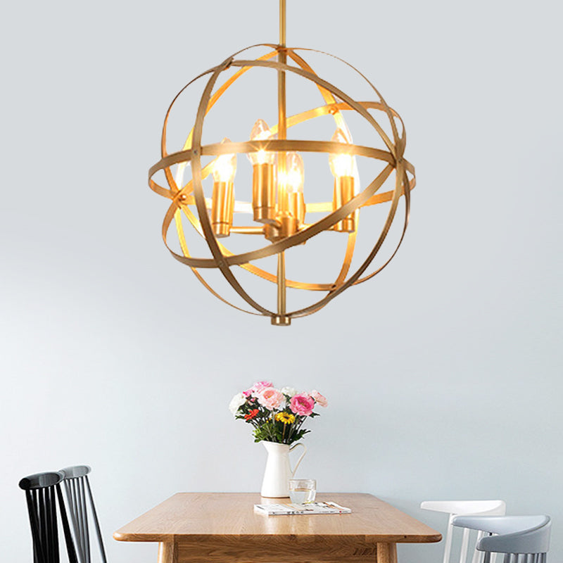 Gold Metal Chandelier with Globe Cage - Classic Pendant Lighting for Dining Room - 4/6/8 Lights