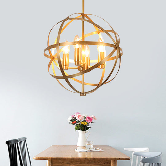Gold Metal Chandelier with Globe Cage - Classic Pendant Lighting for Dining Room - 4/6/8 Lights
