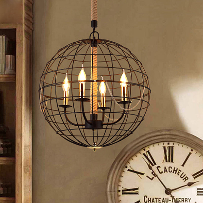 Traditional Black Metal Pendant Chandelier with Globe Cage - 3/4 Lights, Ideal for Living Room