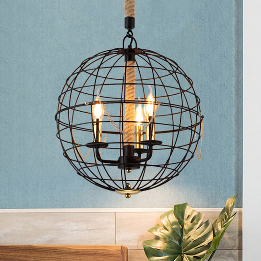 Traditional Black Metal Pendant Chandelier with Globe Cage - 3/4 Lights, Ideal for Living Room