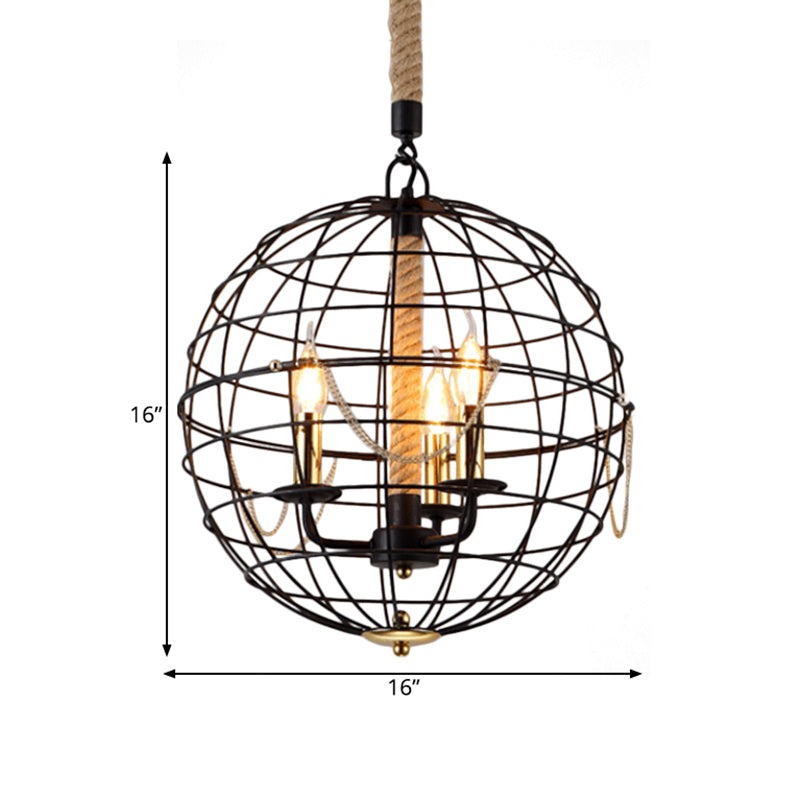 Traditional Black Metal Pendant Chandelier with Globe Cage - 3/4 Lights, Ideal for Living Room