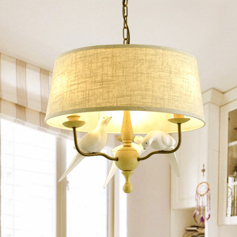 Vintage White Drum Chandelier with Bird: 3-Light Ceiling Fixture