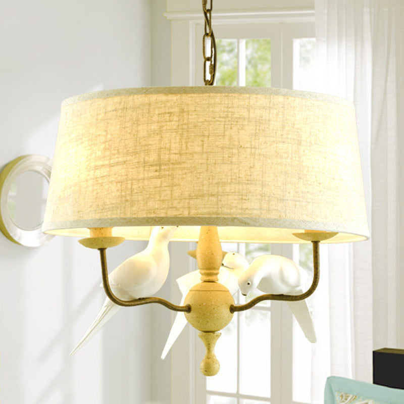 Vintage White Drum Chandelier with Bird: 3-Light Ceiling Fixture