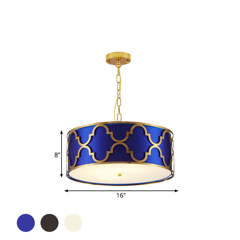 Drum Shade Chandelier Light - Nordic Style Ceiling Lamp for Dining Room - 3 Lights - Black/White/Blue - 16"/19.5"/23.5" Wide