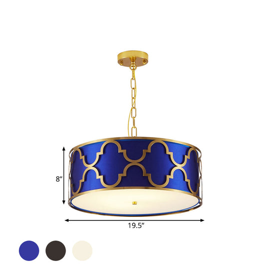 Drum Shade Chandelier Light - Nordic Style Ceiling Lamp for Dining Room - 3 Lights - Black/White/Blue - 16"/19.5"/23.5" Wide
