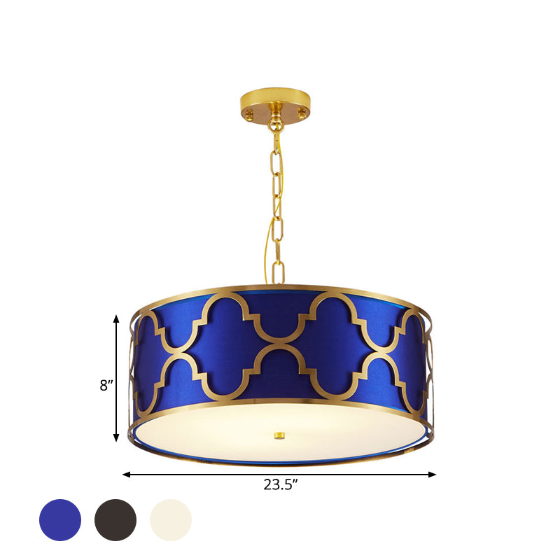 Drum Shade Chandelier Light - Nordic Style Ceiling Lamp for Dining Room - 3 Lights - Black/White/Blue - 16"/19.5"/23.5" Wide