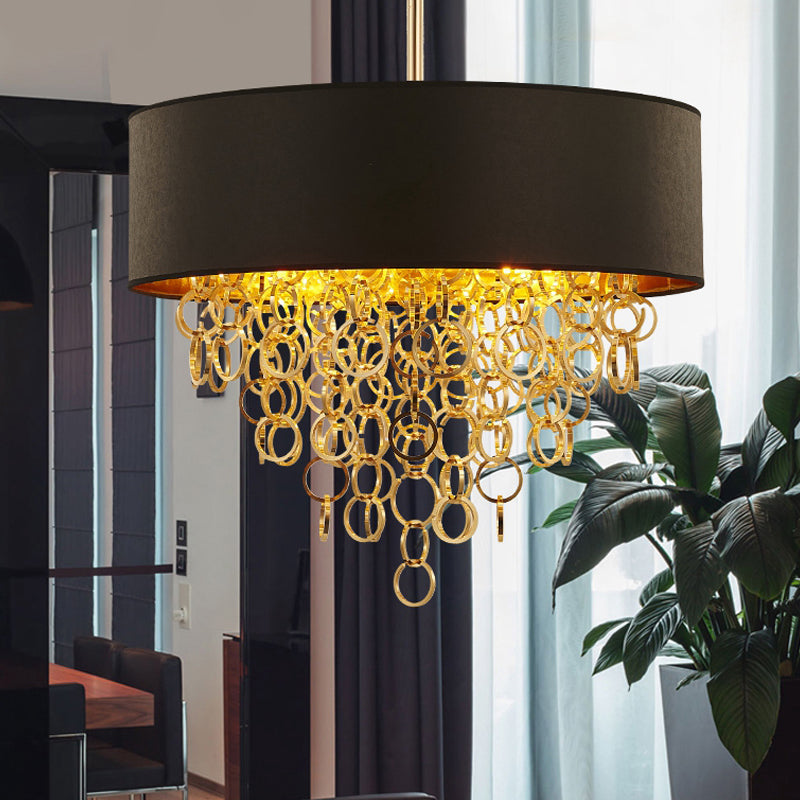 Vintage Cylinder Chandelier: 3-Light Fabric Pendant in Black with Gold Ring, 18" and 23.5" Wide