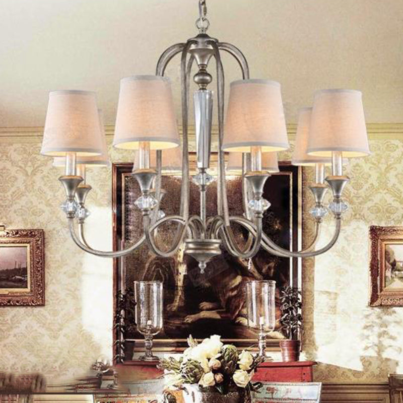 Traditional Fabric Pendant Chandelier - Cone Shape - White - 3/6 Lights - Curved Arm - Hanging Fixture for Living Room