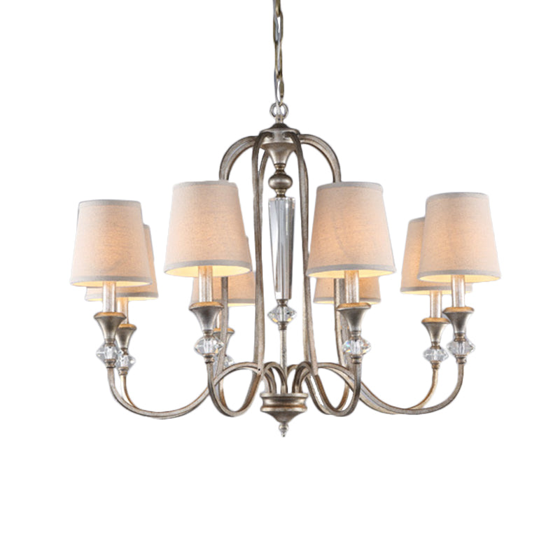 Traditional Fabric Pendant Chandelier - Cone Shape - White - 3/6 Lights - Curved Arm - Hanging Fixture for Living Room