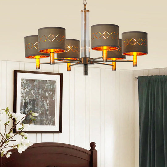 Traditional Bedroom Pendant Light with Drum Fabric Shade - 6/8 Bulbs Ceiling Lamp in Brown