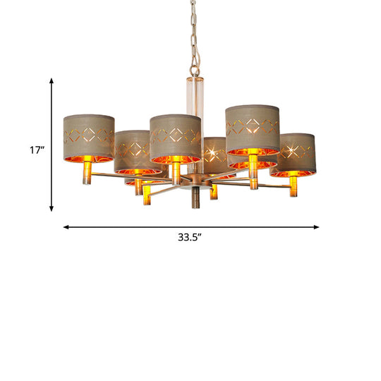 Traditional Bedroom Pendant Light with Drum Fabric Shade - 6/8 Bulbs Ceiling Lamp in Brown