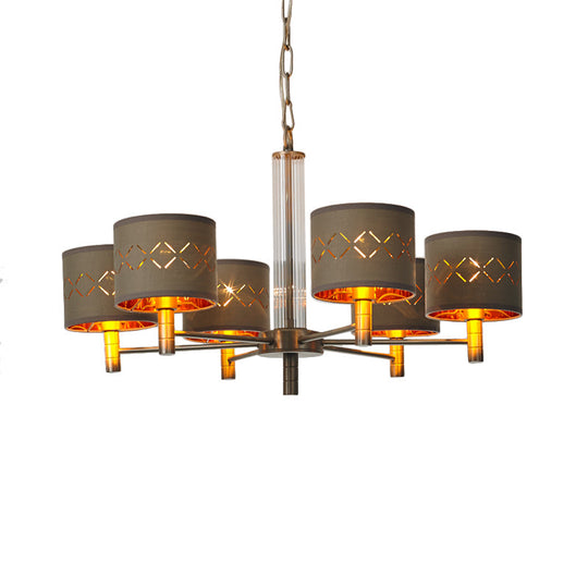 Traditional Bedroom Pendant Light with Drum Fabric Shade - 6/8 Bulbs Ceiling Lamp in Brown