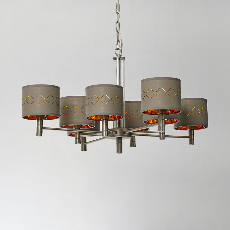 Traditional Bedroom Pendant Light with Drum Fabric Shade - 6/8 Bulbs Ceiling Lamp in Brown