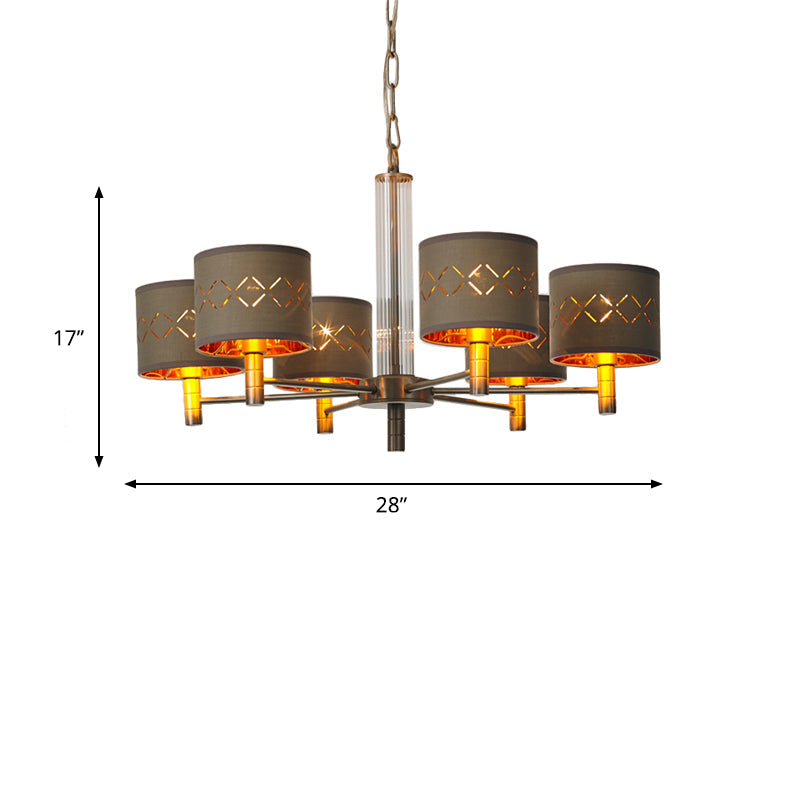 Traditional Bedroom Pendant Light with Drum Fabric Shade - 6/8 Bulbs Ceiling Lamp in Brown