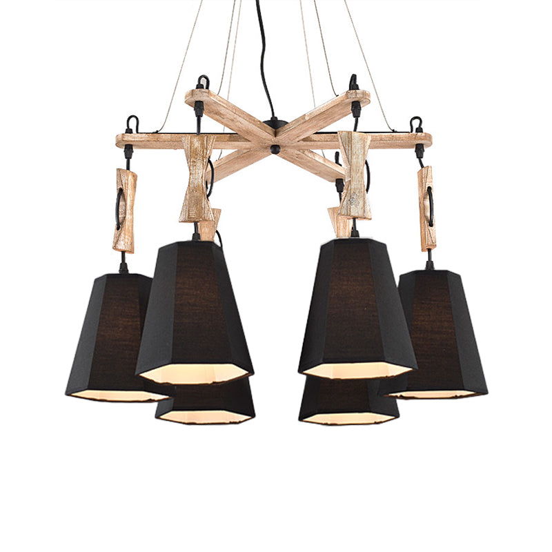 Tapered Fabric Chandelier with 6 Traditional Lights - Living Room Pendant in White/Black/Flaxen
