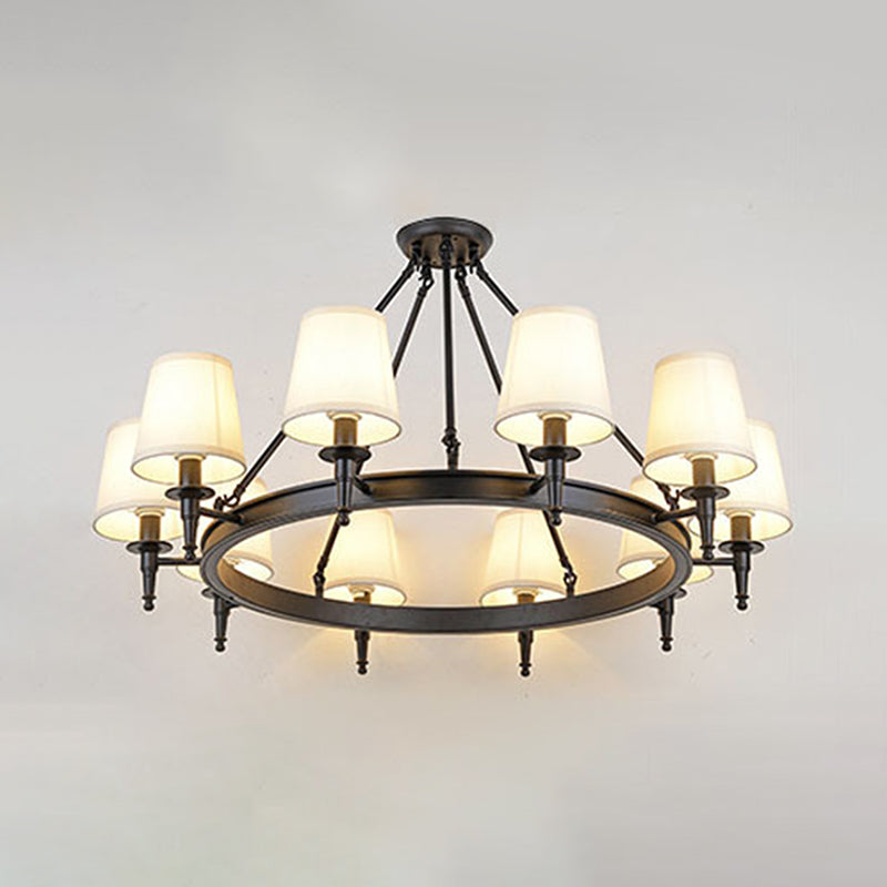 Traditional Tapered Pendant Chandelier - Fabric, 3/6/8-Light Black Hanging Fixture with Wagon Wheel Design