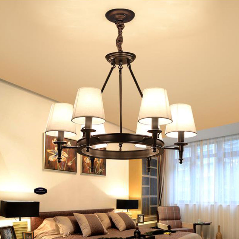 Traditional Tapered Pendant Chandelier - Fabric, 3/6/8-Light Black Hanging Fixture with Wagon Wheel Design