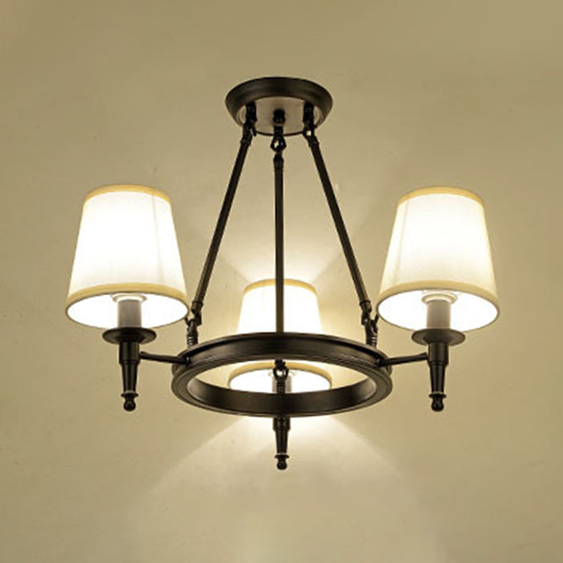 Traditional Tapered Pendant Chandelier - Fabric, 3/6/8-Light Black Hanging Fixture with Wagon Wheel Design